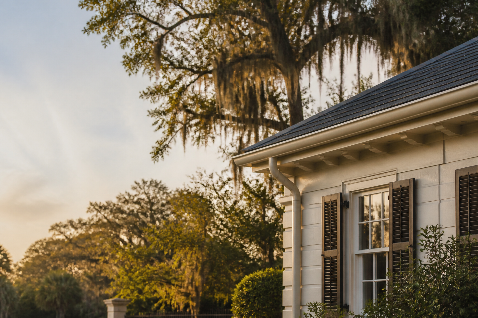 A Charleston home fitted with clean new seamless guttering against a lowcountry sky