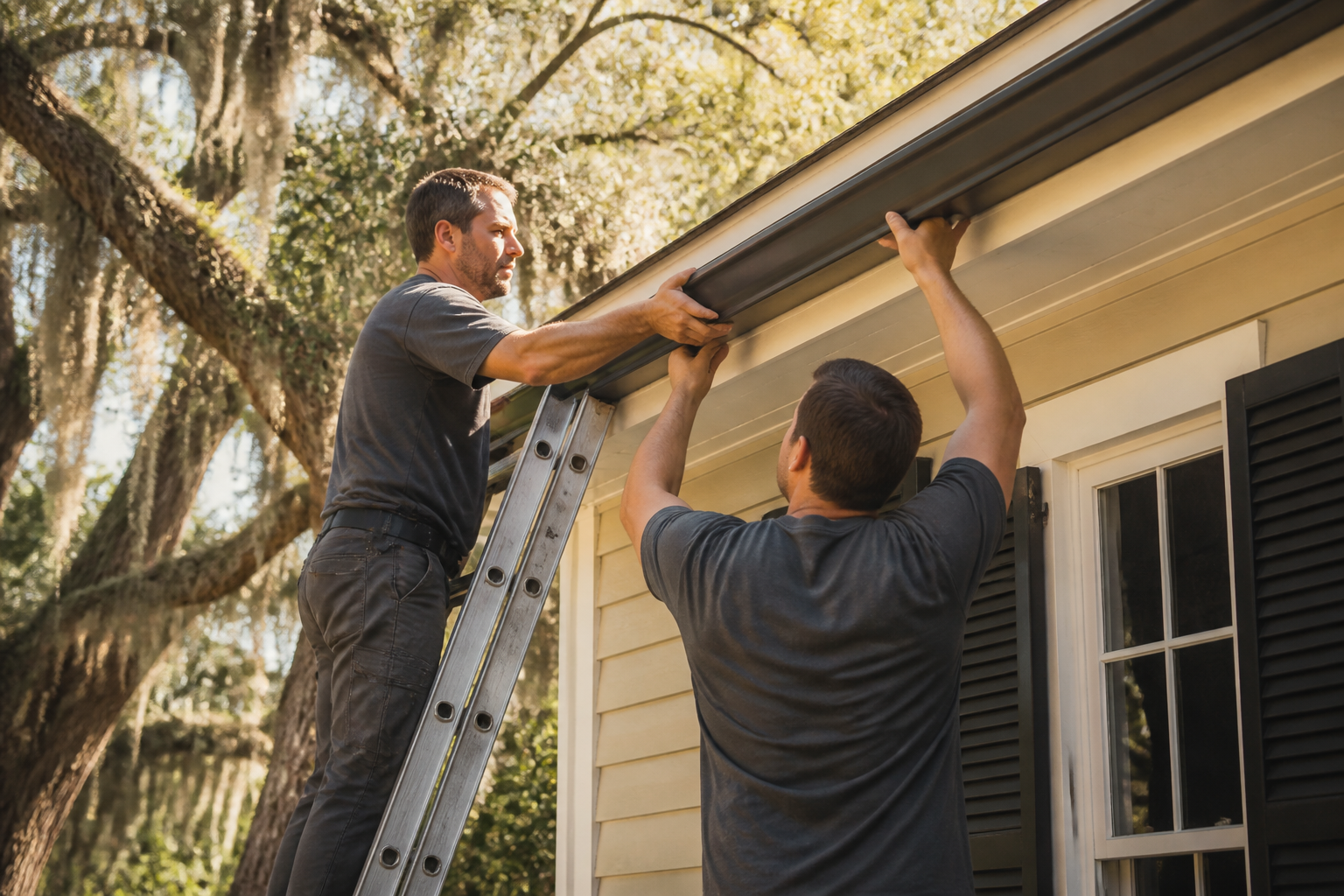 A local Charleston crew installing seamless guttering on a home